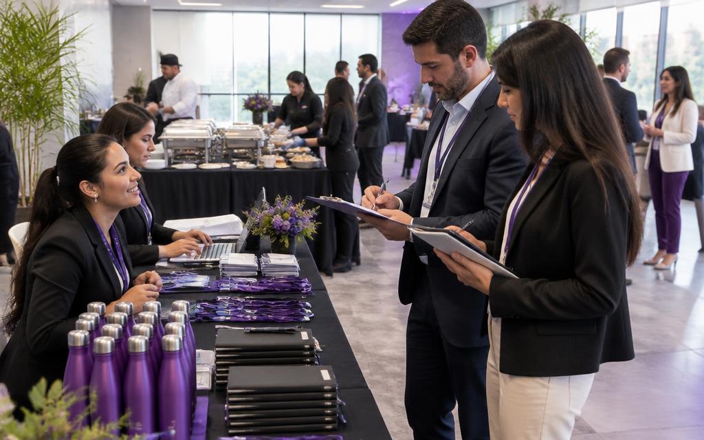 Equipe organizando evento corporativo com buffet e brindes personalizados